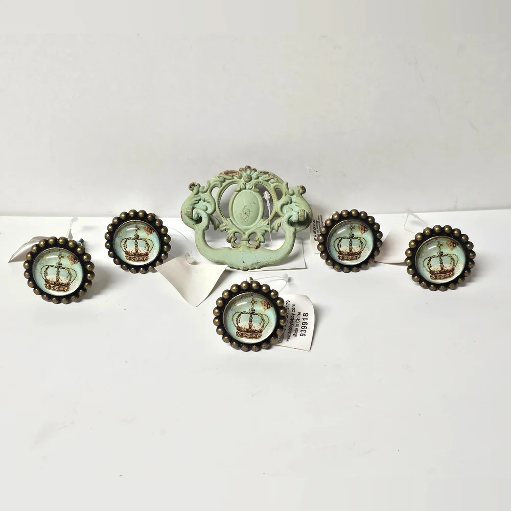 Drawer Pulls Antique-style Brass lot of 9 (6 new with tags, Hobby Lobby)